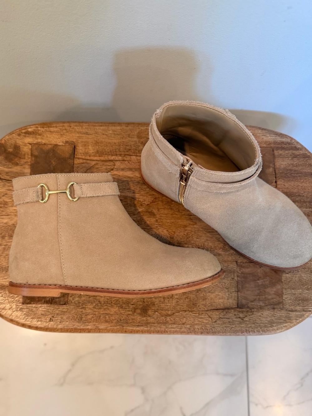 Janie and Jack Beige Suede Ankle Boots with Gold Buckle